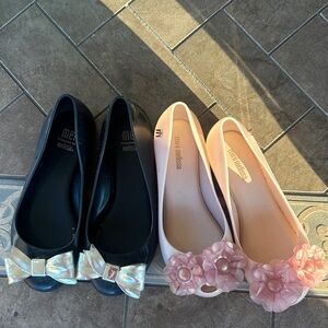 Melissa Black and Pink shimmer Flats with Bow and Floral Details